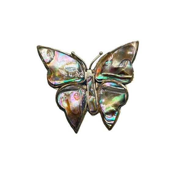 Vintage Butterfly Pin Brooch Abalone Shell Alpaca Mexico Silver Shell Wings - Picture 1 of 6